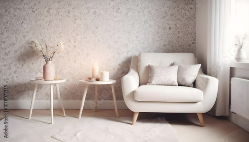 Scandinavian living room interior design zoom background,Doodle patterned wallpaper graphics