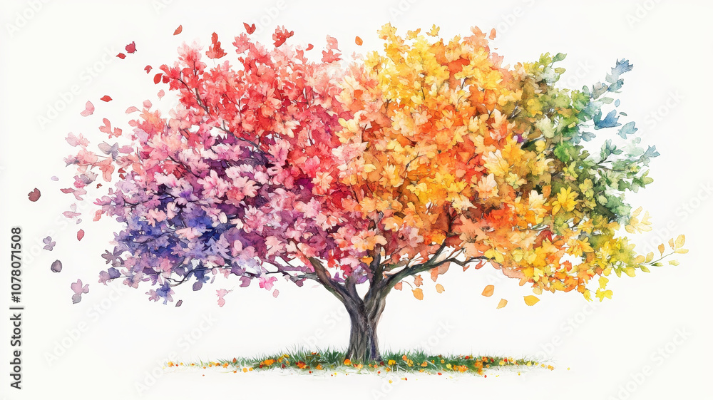 Fototapeta premium vibrant watercolor tree showcasing stunning transition through all seasons, featuring colorful leaves in shades of red, orange, yellow, green, and purple