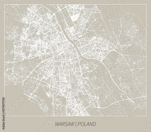 Warsaw (Masovian, Poland) street map outline for poster, paper cutting.