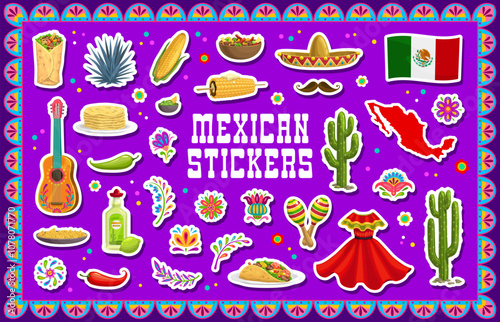 Stickers pack of mexican food and objects. Vector cartoon Mexico map, flag and tequila, taco, sombrero hat and nachos. Mexican musical festival guitar, maracas, dress and mustache, cactus and burrito