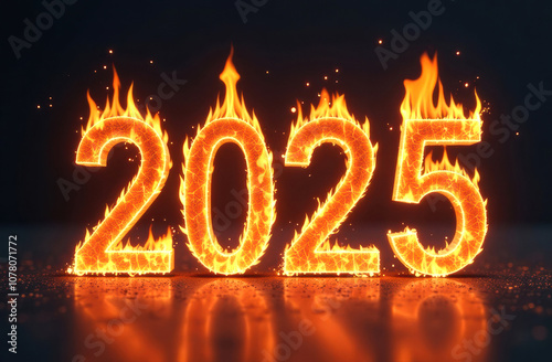 2025 in flames: dynamic fiery illustration of numbers engulfed in fire