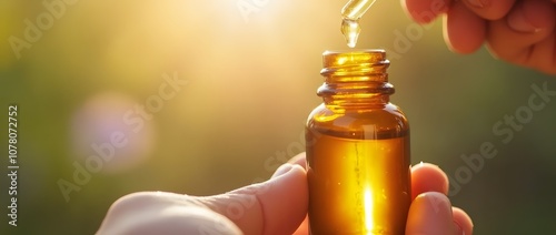 Natural wellness: Hand dropping essential oil from dropper into amber bottle with sunlight background