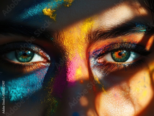 A close-up portrait of a person s face covered in vivid Holi powders, set against a deep shadow background for striking contrast photo