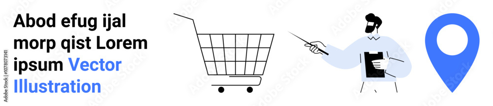 Shopping cart, delivery location pin, and person pointing at clipboard. Ideal for e-commerce, retail, delivery services, marketing, online shopping, logistics, and customer support. Banner