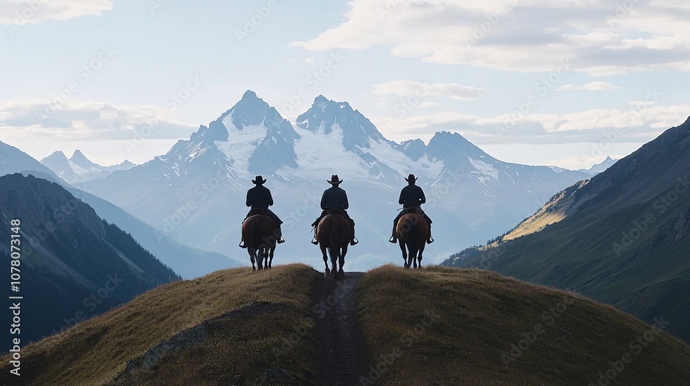 A cowboy riding a horse along a mountain ridge A cowboy riding a horse along a mountain ridge