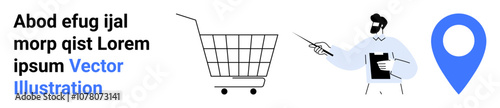 Free Download Shopping cart, delivery location pin, and person pointing at clipboard. Ideal for e-commerce, retail, delivery services, marketing, online shopping, logistics, and customer support. Banner - GFXLoad
