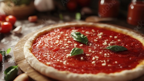 A freshly prepared pizza base adorned with rich tomato sauce, garnished with basil leaves and cheese, ready for baking. photo