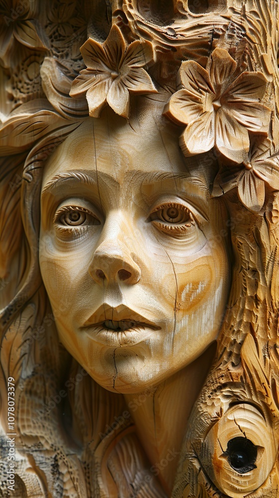 Intricate Wooden Sculpture of a Woman's Face: A Masterpiece of Carving Art Intricate Wooden Sculpture of a Woman's Face: A Masterpiece of Carving Art