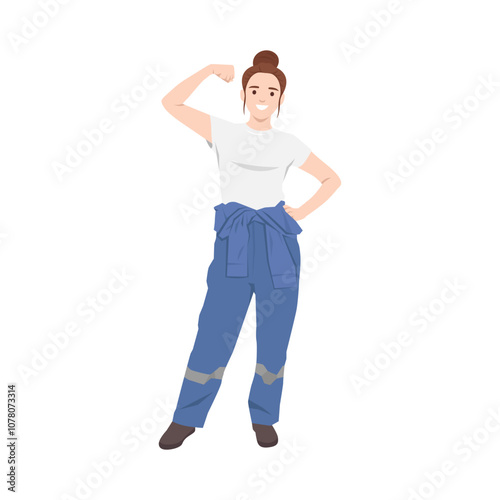 Young woman car technician in uniform standing flexing her muscle. Flat vector illustration isolated on white background