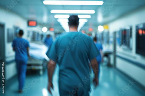 Blurred hospital scene with medical staff in scrubs walking through corridor, conveying sense of urgency and care in healthcare environment