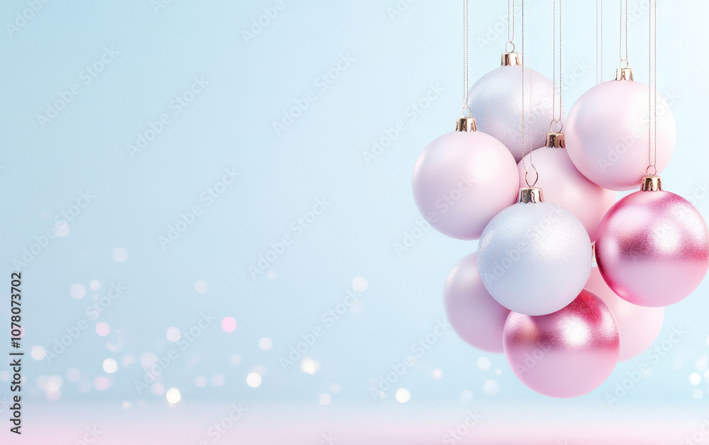 Fototapeta premium Christmas ornaments in pastel colors hanging against soft blue background, creating festive and cheerful atmosphere perfect for holiday celebrations