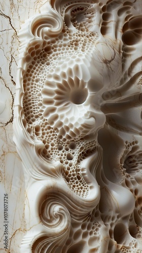 Intricate White Marble Sculpture with Organic Forms and Geometric Patterns photo