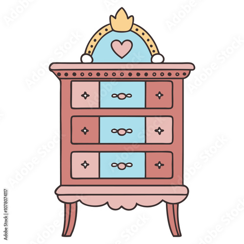 Vintage pastel dresser illustration with heart design and ornate detailing