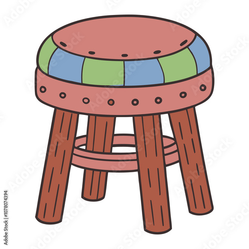Colorful rustic stool illustration with wooden legs and upholstered round seat