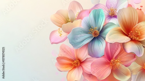 A vibrant bouquet of pastel-colored flowers in gentle hues of pink, peach, and blue, creating a cheerful and fresh atmosphere.