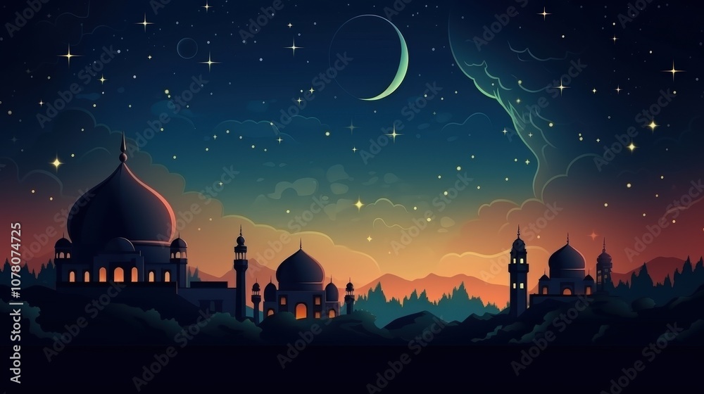 Serene Nightscape with Crescent Moon and Silhouetted Temples Serene Nightscape with Crescent Moon and Silhouetted Temples