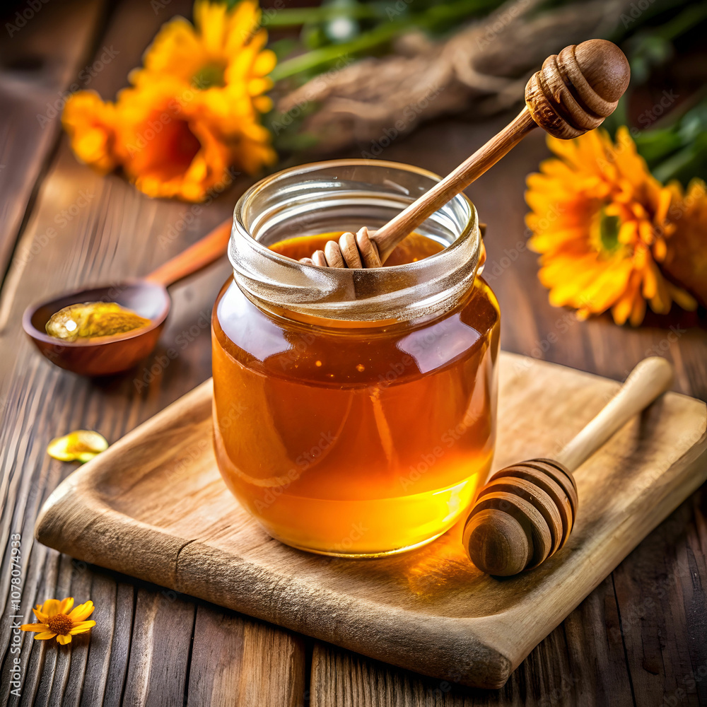 A jar of honey rests on a table, accompanied by a wooden spoon. A jar of honey rests on a table, accompanied by a wooden spoon.