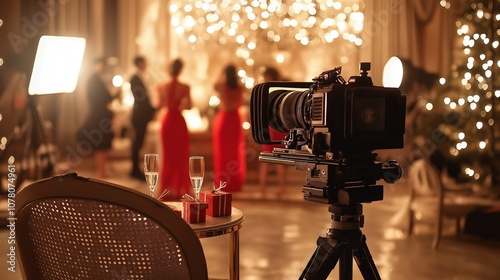 Film Set with Camera and Lights Ready for Shooting Festive Party Scene with Christmas Decorations and Guests