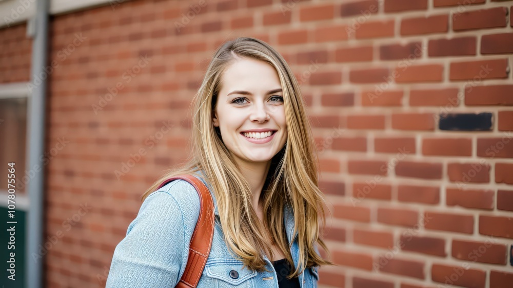 Happy Young Woman Smiling in Front of Red Brick Wall, Perfect for Social Media, Advertising, and Marketing Campaigns Happy Young Woman Smiling in Front of Red Brick Wall, Perfect for Social Media, Advertising, and Marketing Campaigns