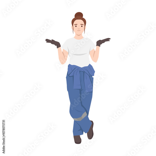 Young woman car technician in uniform and glove with open palm hand showing something. Flat vector illustration isolated on white background