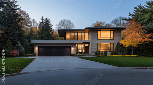 Modern house with large windows surrounded by autumn foliage in a residential neighborhood at dusk