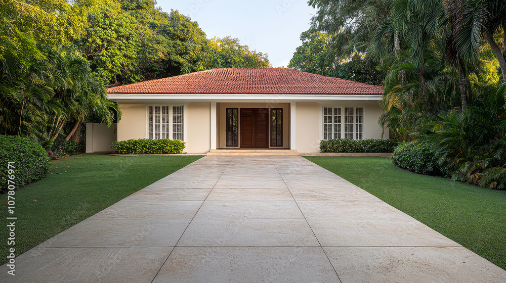 A modern house with a red tile roof located in a lush green garden during golden hour A modern house with a red tile roof located in a lush green garden during golden hour