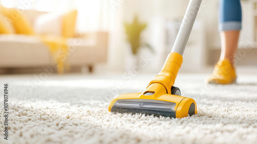 person using cordless vacuum cleaner on carpeted floor, bright room, cleaning. vacuum has yellow design, showcasing modern home cleaning