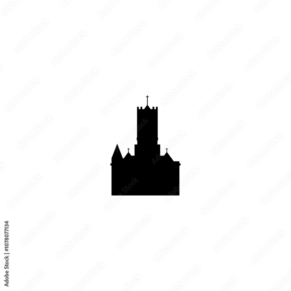 Castle vector icon. Isolated small and minimalistic mediaeval fortress clipart, logo, black and white contour Castle vector icon. Isolated small and minimalistic mediaeval fortress clipart, logo, black and white contour