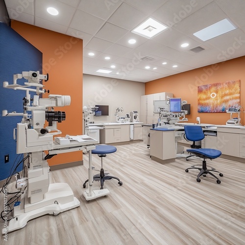 Modern eye exam room with medical equipment, blue and orange walls, and a large window.