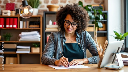 Focused Woman Working at Home Office Desk with Laptop and Notebook, Green Shirt, Bookshelves, and Plants, Smiling and Writing photo