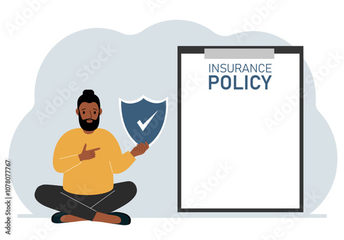 A man holds an insurance policy sign in his hands. The concept of life insurance, property or natural disasters.