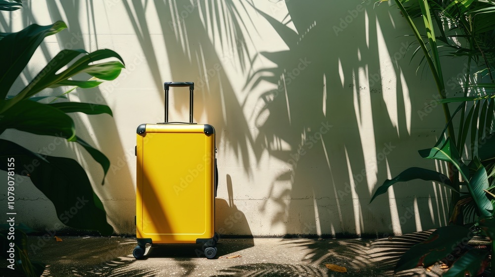 Obraz premium Bright Yellow Luggage Against Tropical Leaves