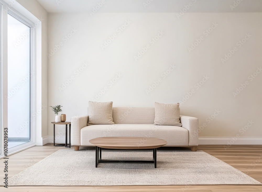Modern living room featuring a cozy sofa and coffee table in a bright minimalist space Modern living room featuring a cozy sofa and coffee table in a bright minimalist space