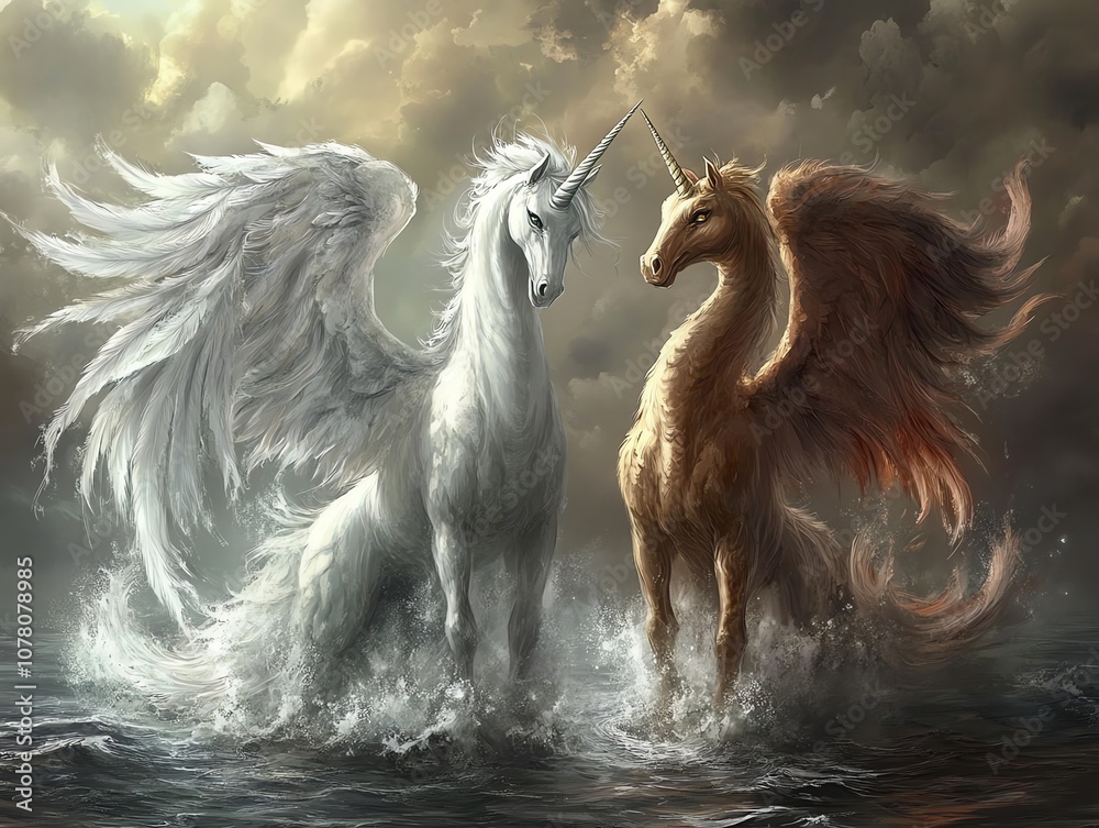 A white winged unicorn and a brown winged horse stand facing each other in a body of water under a stormy sky. A white winged unicorn and a brown winged horse stand facing each other in a body of water under a stormy sky.
