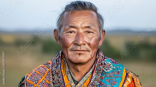 The portrait depicts a native Mongolian nomad dressed in traditional garments, wearing a colorful deel adorned with intricate patterns and ornaments photo