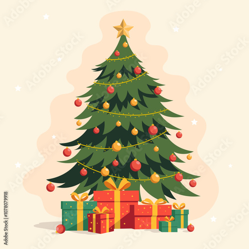 Cute illustration of Christmas tree with spheres and gift boxes