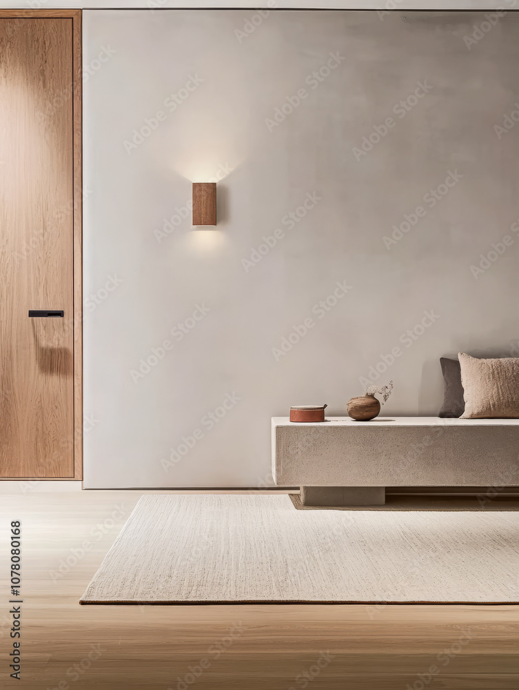 Modern interior of a minimalist living room with cozy seating and warm lighting elements Modern interior of a minimalist living room with cozy seating and warm lighting elements