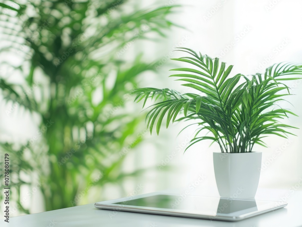 Modern workspace with digital tablet and green plant on white desk