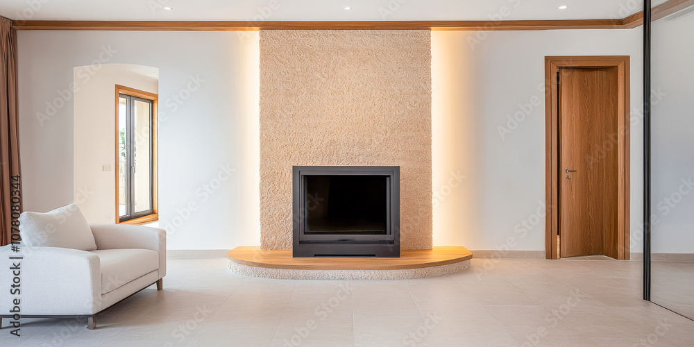 Modern living room with minimalistic design features and warm lighting in a cozy home setting Modern living room with minimalistic design features and warm lighting in a cozy home setting