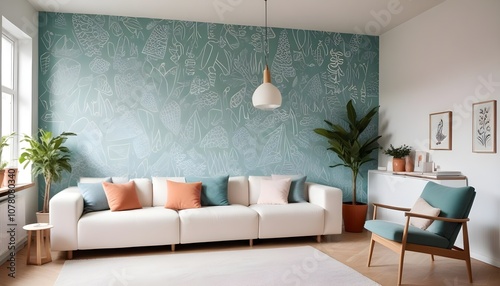 Scandinavian living room interior design zoom background,Doodle patterned wallpaper graphics