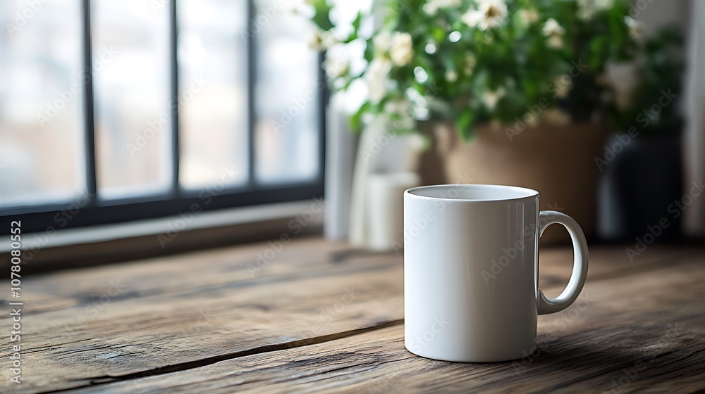 A white mug sits on a rustic wooden table with a blurred window and plant in the background. A white mug sits on a rustic wooden table with a blurred window and plant in the background.