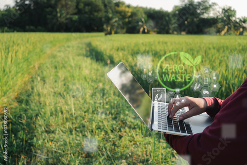 Witness the fusion of tradition and technology as a skilled farmer analyzes plant data on a virtual screen, revolutionizing agricultural practices and safeguarding our planet