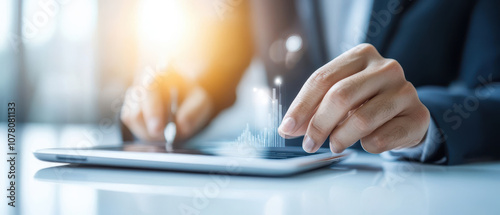 Analyzing data trends on tablet, business professional engages with digital graphs and reports. focus is on technology and analytics in modern workspace