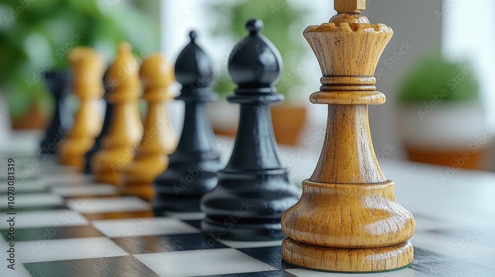 Close-up of wooden chess pieces on a board, with the white queen in the foreground.