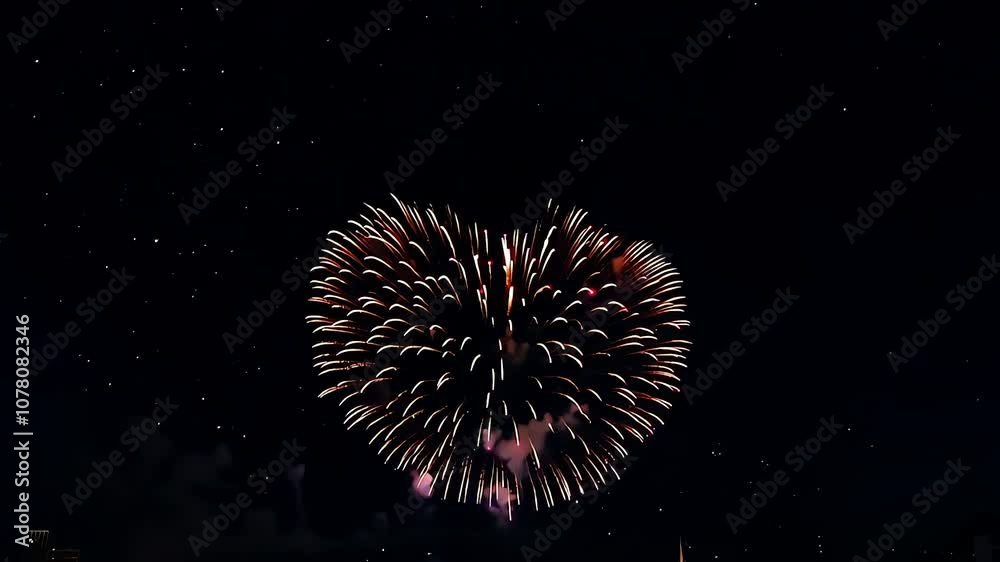 Heart-shaped fireworks lighting up the night sky with vivid and romantic bursts of color Heart-shaped fireworks lighting up the night sky with vivid and romantic bursts of color