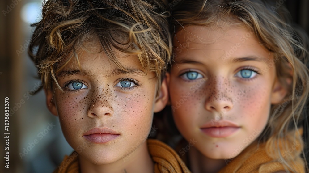 Close-up Portrait of Two Young Siblings with Blue Eyes and Freckles Close-up Portrait of Two Young Siblings with Blue Eyes and Freckles
