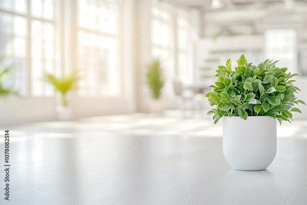 Bright office space with potted plant on table Bright office space with potted plant on table