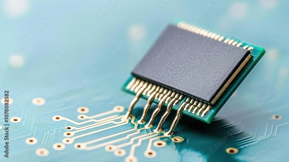 Close-Up View of a Computer Microchip on a Green Circuit Board with Intricate Gold Connections Highlighting Modern Technology and Electronics Close-Up View of a Computer Microchip on a Green Circuit Board with Intricate Gold Connections Highlighting Modern Technology and Electronics