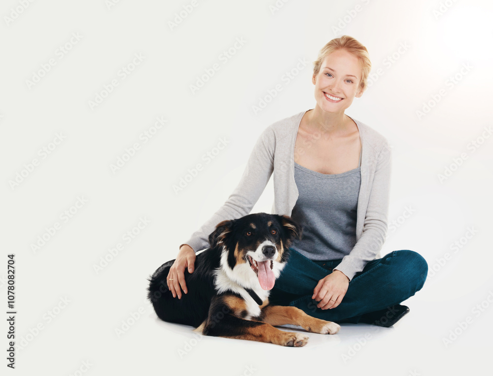 Woman, dog and portrait with smile in studio for bonding, teaching tricks and together on white background. Owner, border collie and pet animal for obedience training, trust and friends with love Woman, dog and portrait with smile in studio for bonding, teaching tricks and together on white background. Owner, border collie and pet animal for obedience training, trust and friends with love