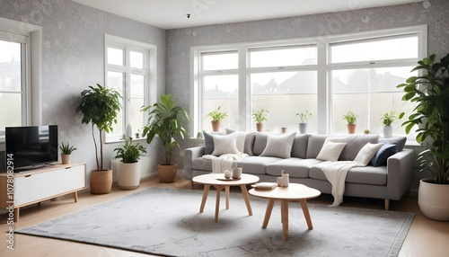 Scandinavian living room interior design zoom background,Doodle patterned wallpaper graphics